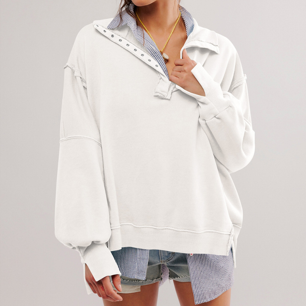 Casual women's oversized Henley top. Comfortable, versatile, and stylish for everyday fashion.