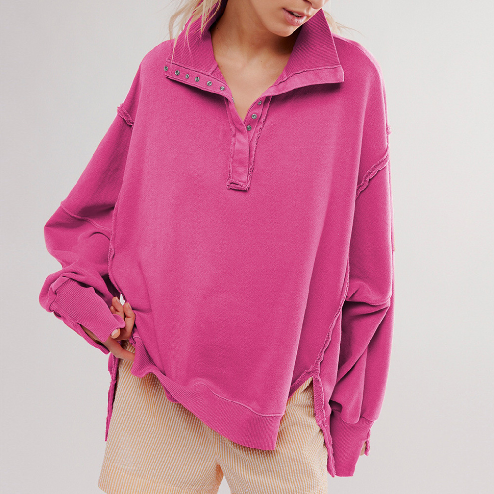 Chic women's oversized Henley top for a relaxed, casual look. Long-sleeve comfort for everyday style.