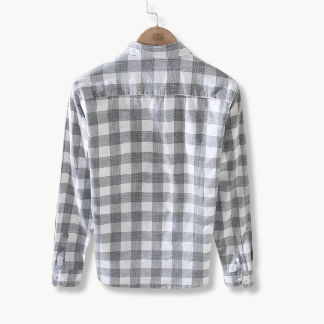 Stylish men's long sleeve gingham check shirt, regular fit button-up with chest pocket, versatile for everyday fashion.