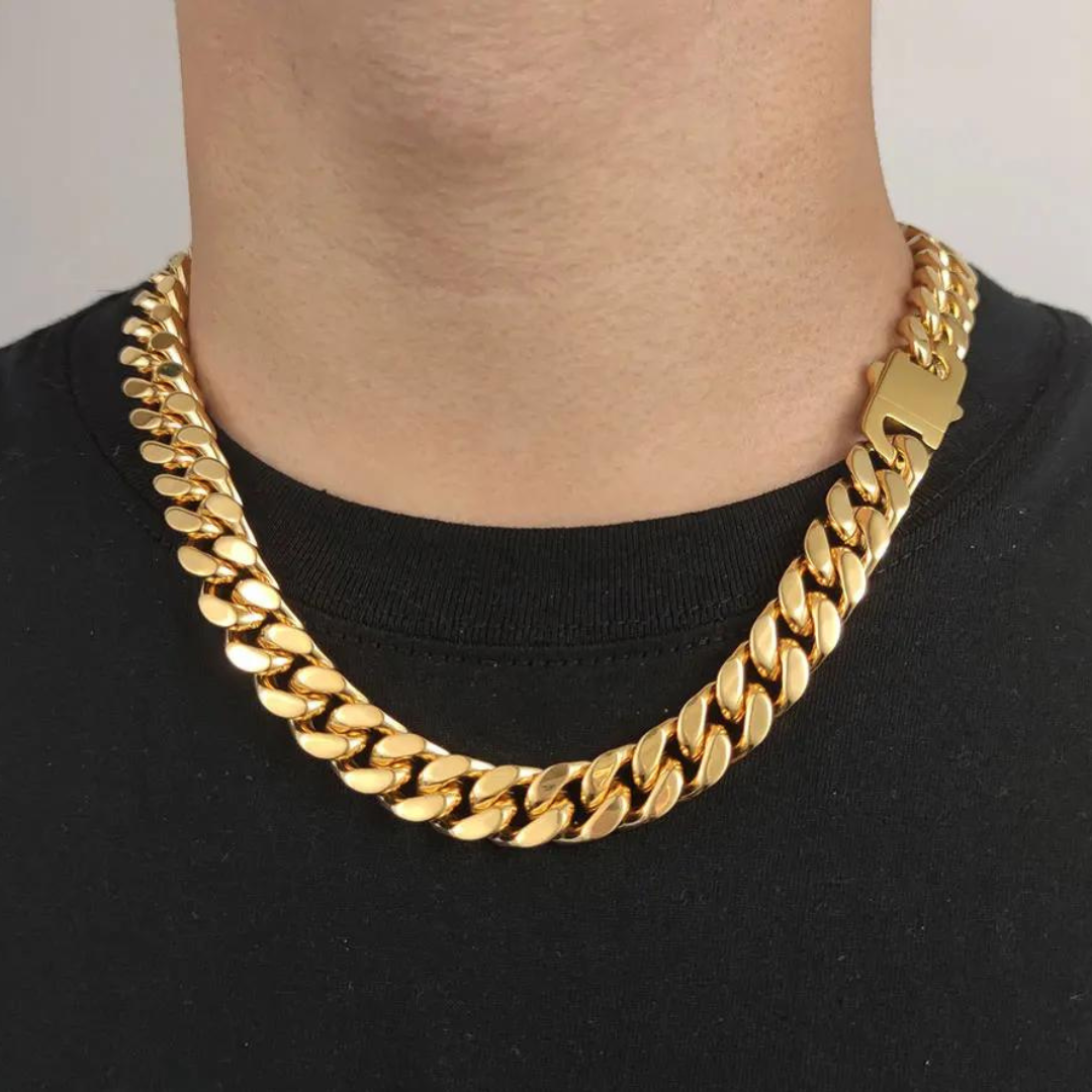 Versatile men's Cuban link chain necklace, gold & silver plated, a timeless accessory for any outfit.