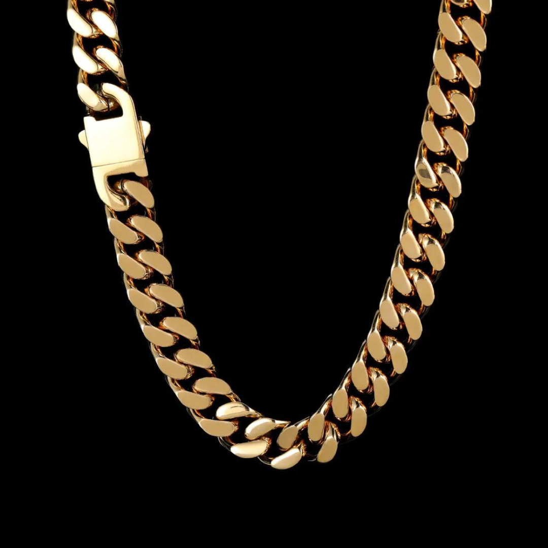 Men's gold plated Cuban link chain necklace, durable stainless steel fashion accessory.
