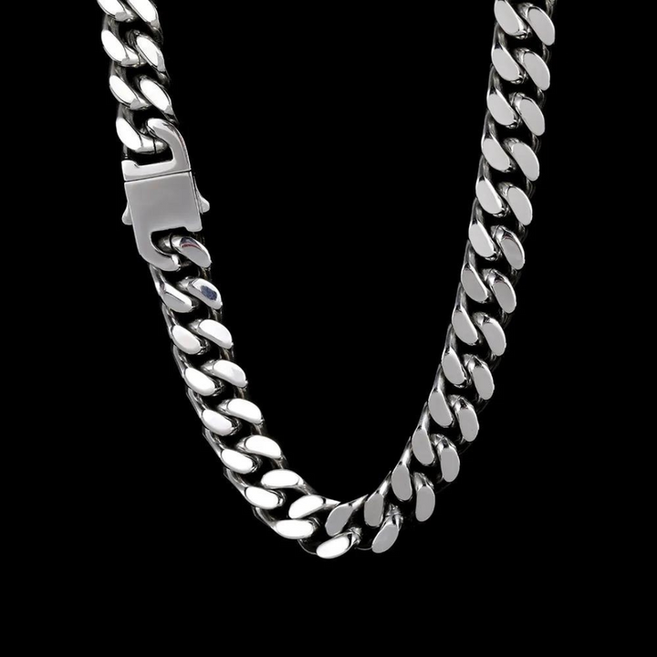 Men's silver plated Cuban link chain necklace, stylish stainless steel jewelry statement.