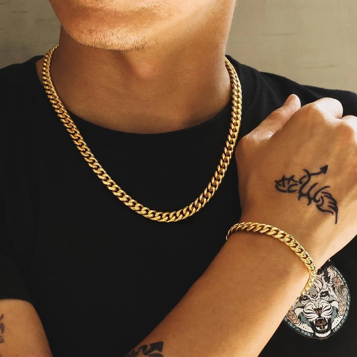 Gold & silver plated men's Cuban link chain necklace, a versatile stainless steel fashion accessory.