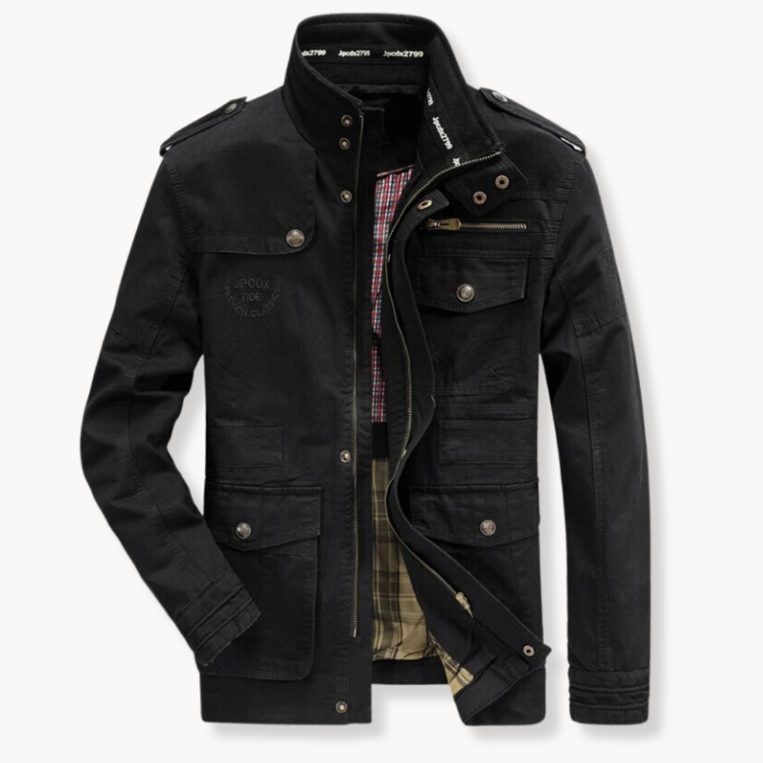Men's Rugged Explorer cargo jacket with stand collar, perfect for versatile everyday wear & layering.