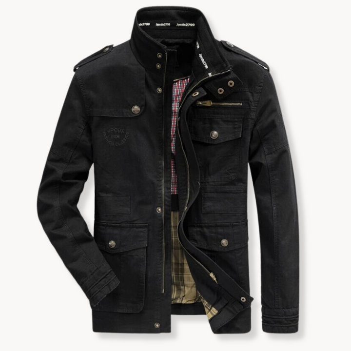 Men's Rugged Explorer cargo jacket with stand collar, perfect for versatile everyday wear & layering.