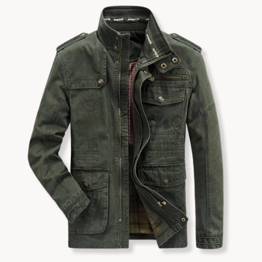 Durable men's cargo trucker jacket, ideal fall/spring outerwear for a rugged casual style.