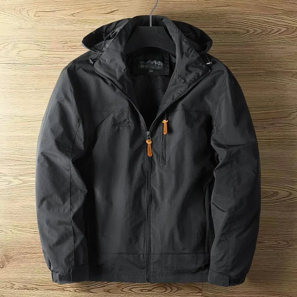 Men's lightweight waterproof hooded rain jacket for outdoor activities & travel. Full zip, weatherproof.