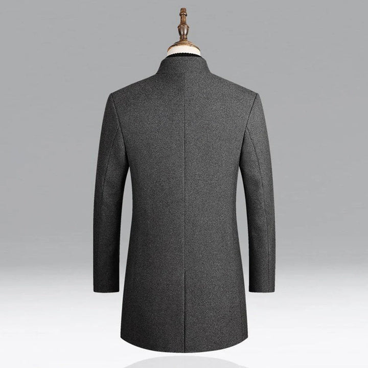 Men's elegant classic coat, sophisticated long jacket for winter fashion. Tailored formal outerwear, business casual appeal.