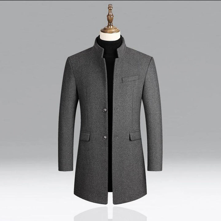 Elegant men's classic tailored coat, ideal formal outerwear. A sophisticated long jacket for winter fashion.