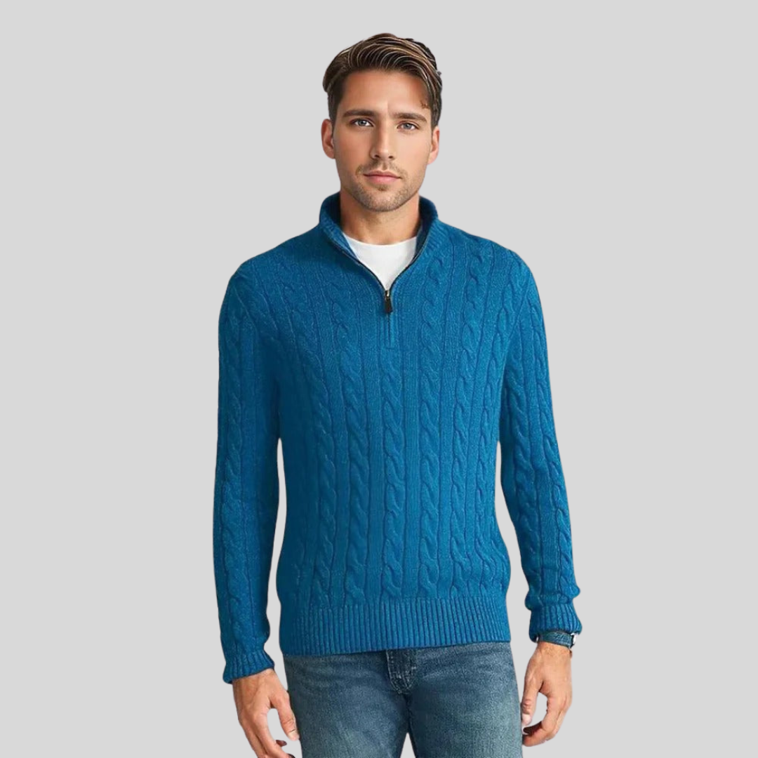 Versatile men's quarter-zip pullover sweater with a classic cable knit design, ideal for casual wear.
