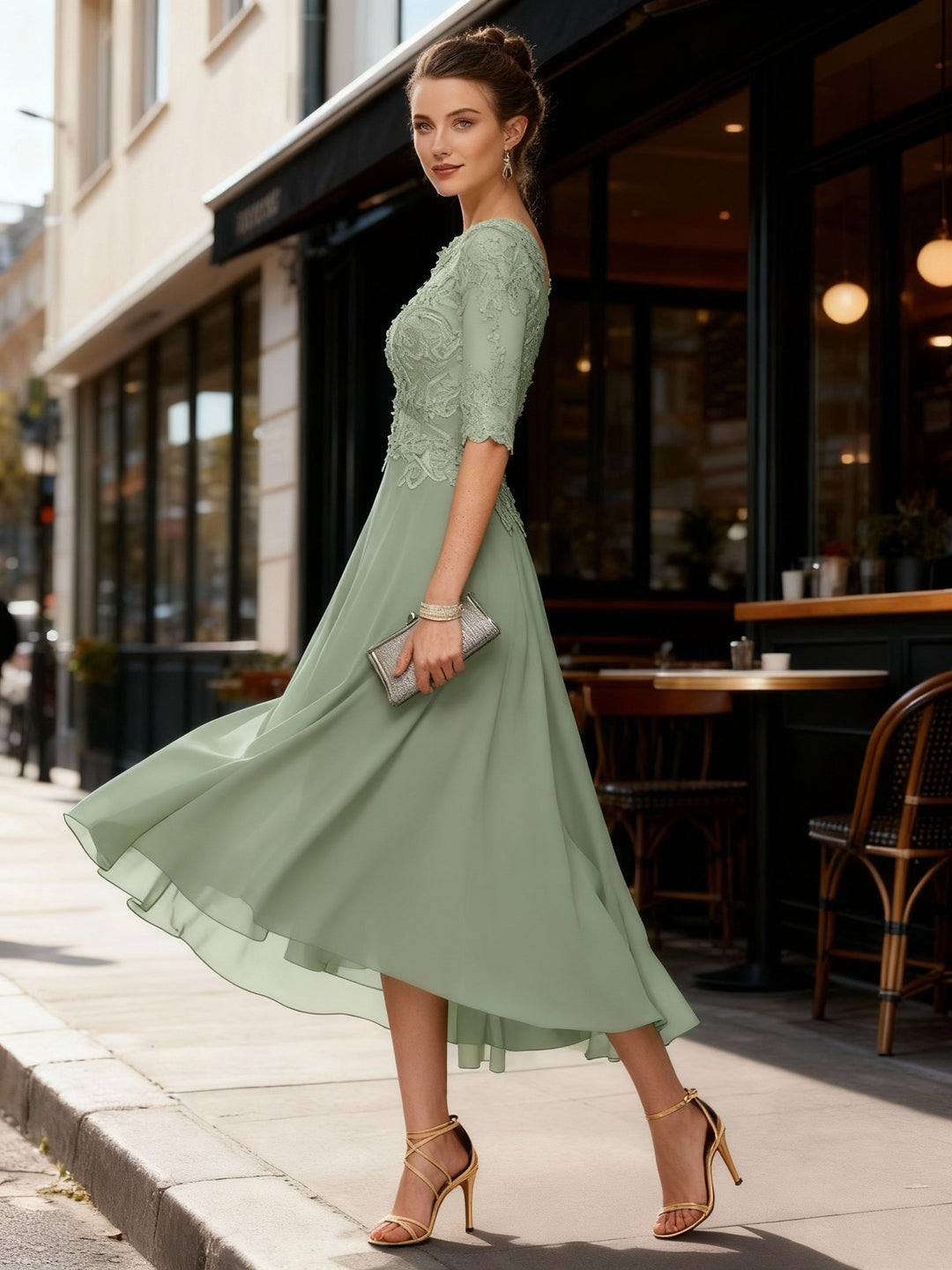 Flowing lace maxi dress, perfect as a bridesmaid, wedding guest, or special occasion gown.