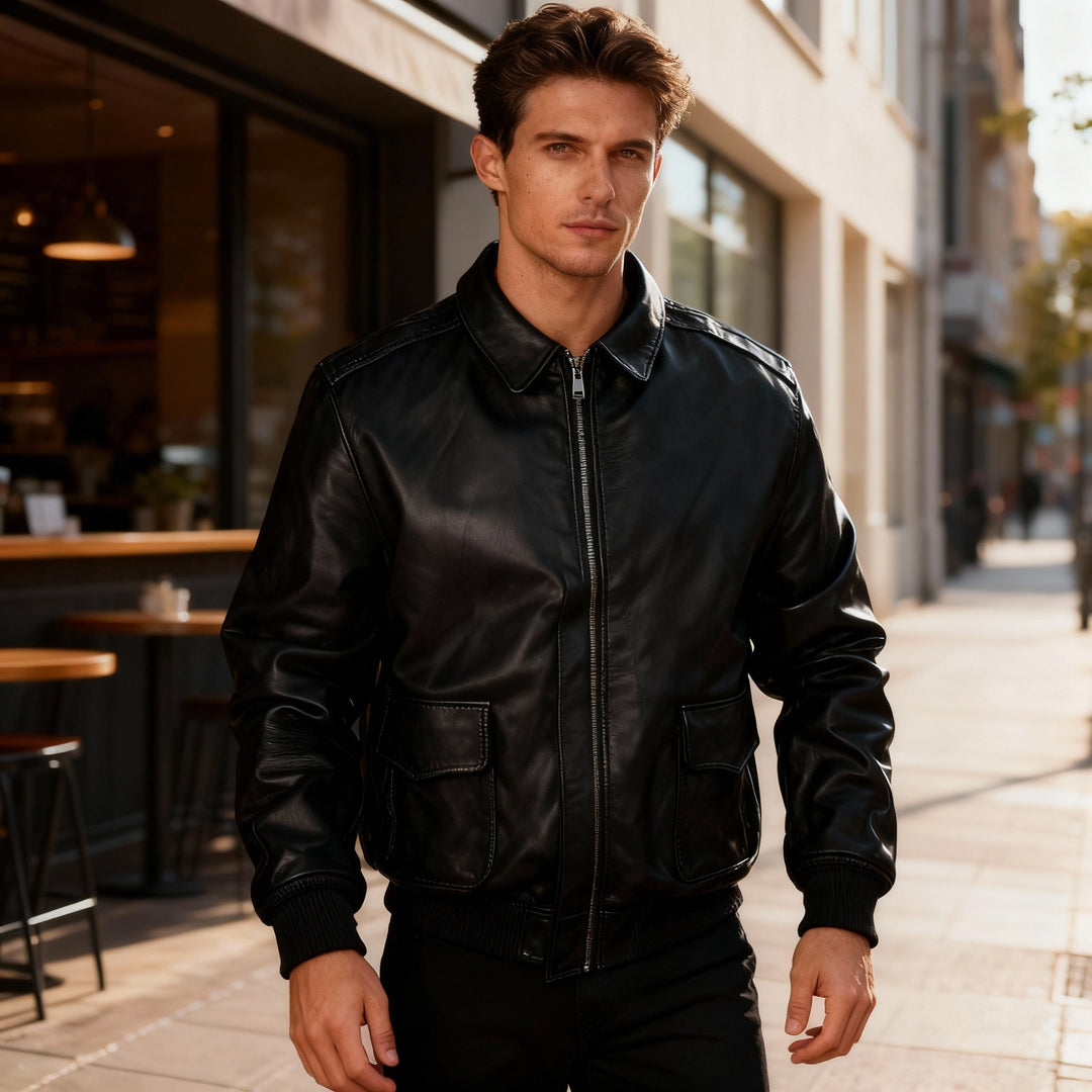 Oversized men's retro bomber jacket in Air Force style. Loose fit outerwear, vintage look for modern casual fashion.