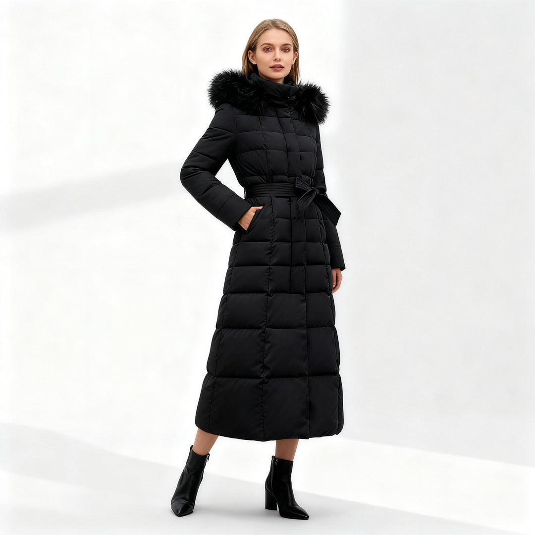 Fashionable women's classic insulated winter coat, stylish and warm outerwear for cold weather.