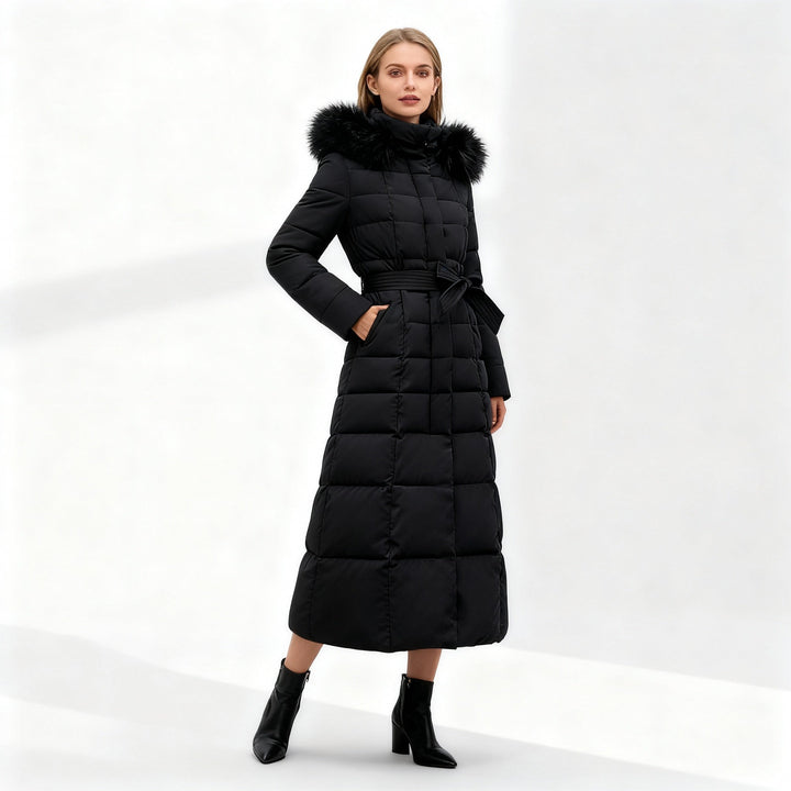 Fashionable women's classic insulated winter coat, stylish and warm outerwear for cold weather.