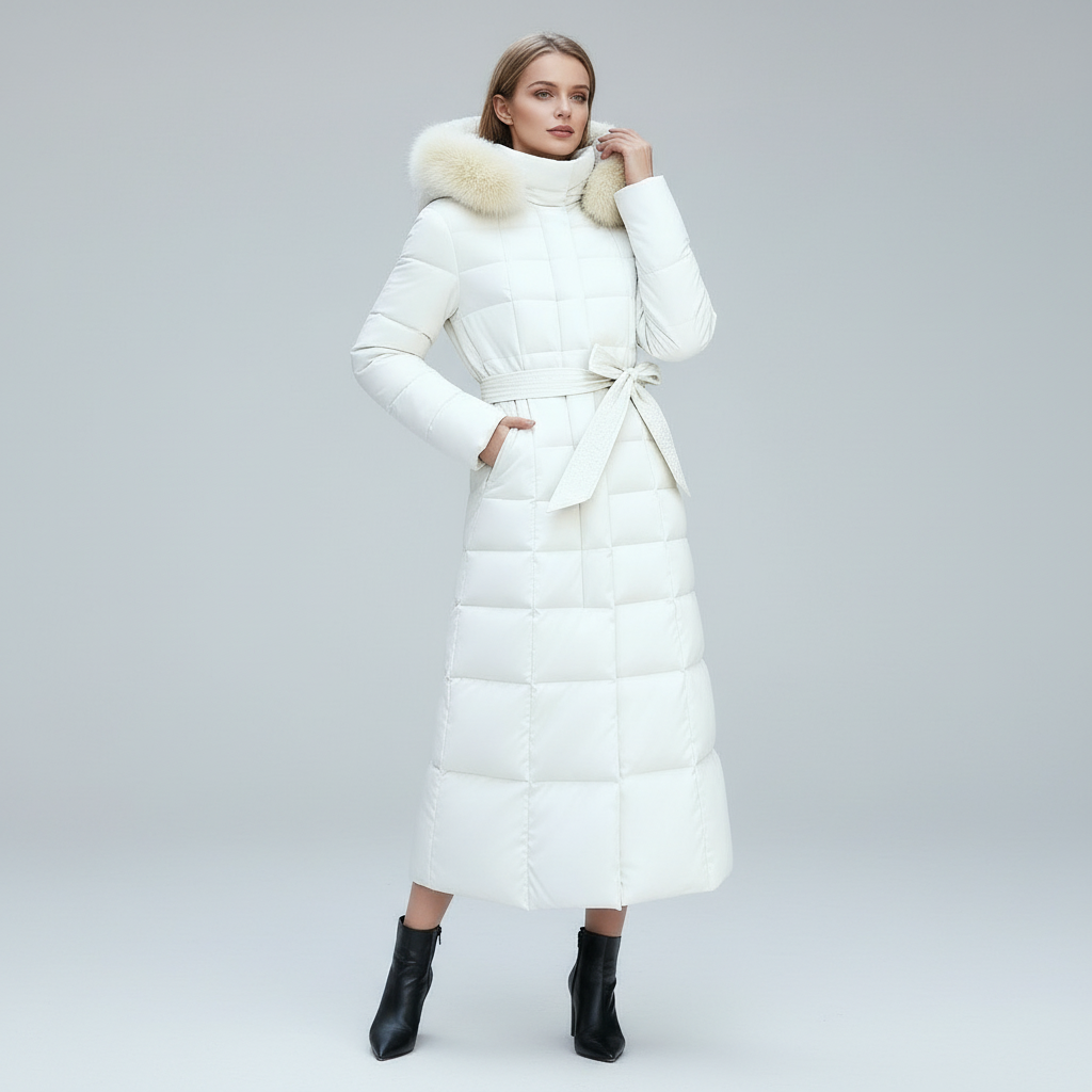 Elegant women's classic insulated winter coat, warm for cold weather, long style outerwear.