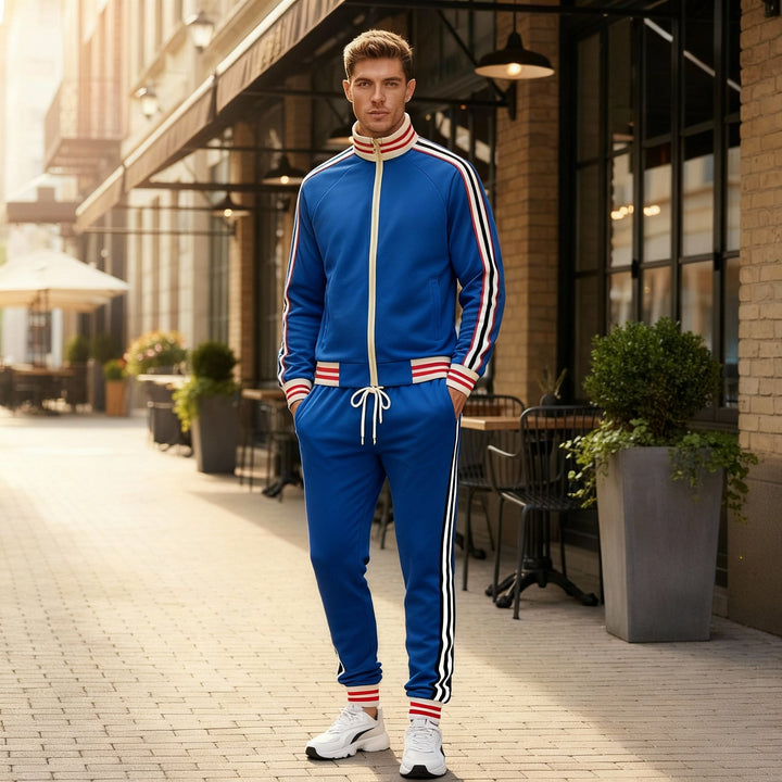 Men's comfort sport pants (joggers) with stylish stripes, matching an athletic tracksuit set.