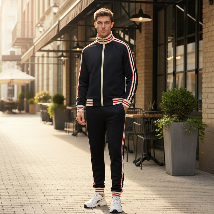 Men's striped sport tracksuit set, featuring a zipper jacket and comfort pants. Athletic men's activewear.