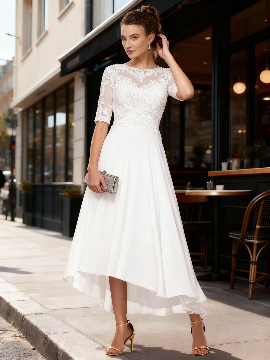 Formal women's evening gown: a beautiful flowing lace maxi dress for elegant events.