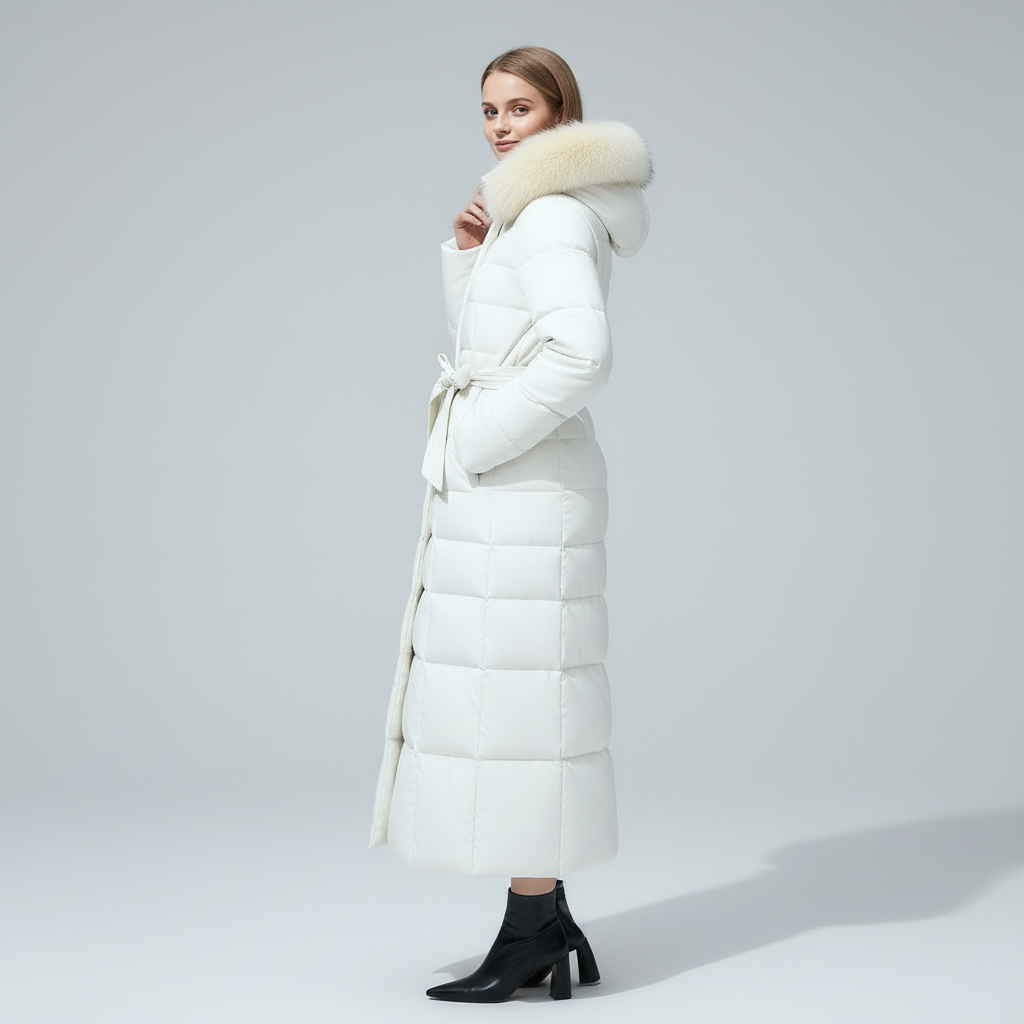 Long women's insulated winter coat, elegant & warm, perfect for cold weather fashion.