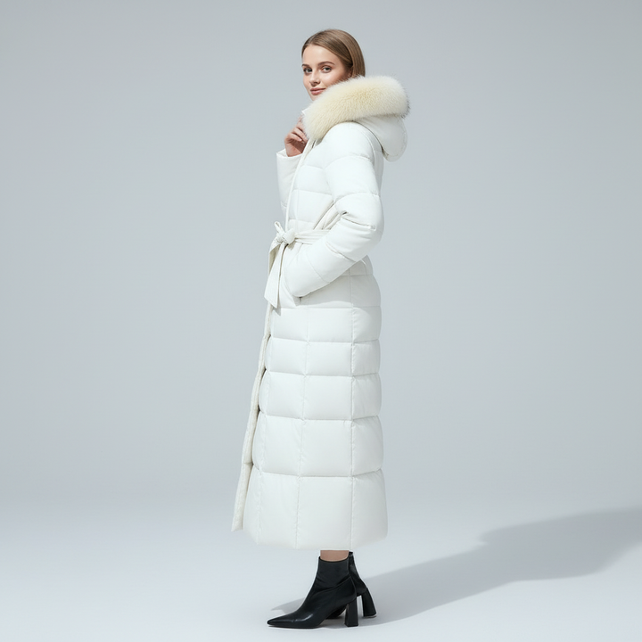 Long women's insulated winter coat, elegant & warm, perfect for cold weather fashion.