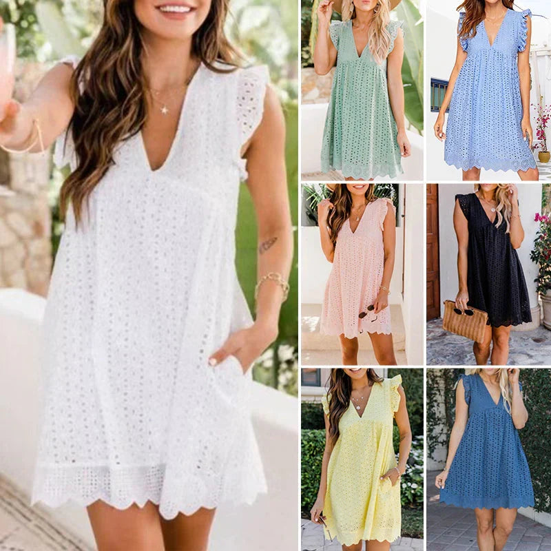 Graceful women's lace midi dress with a V-neck, perfect for spring fashion & sophisticated parties.