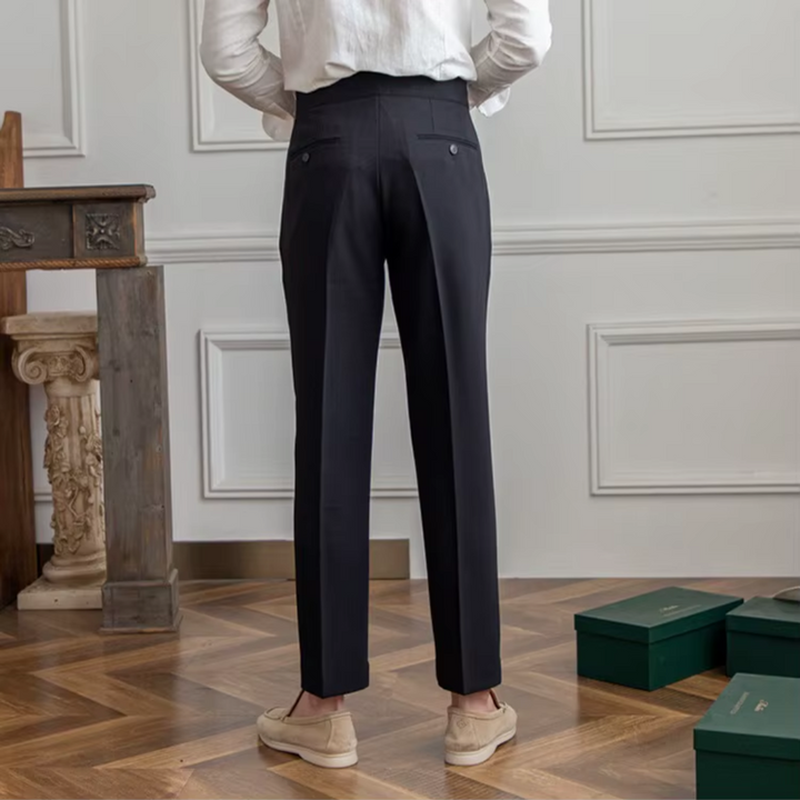 Formal camel pleated chino trousers for sophisticated office wear.