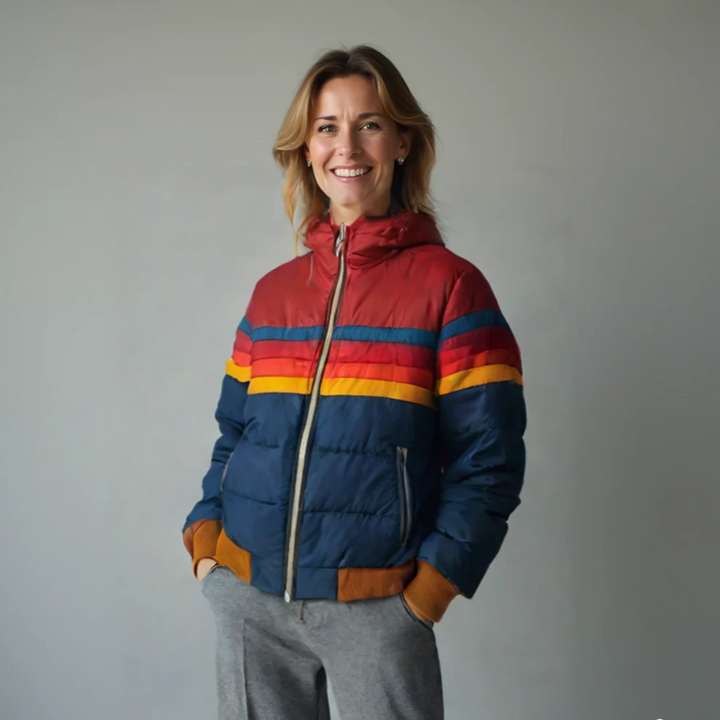 Women's quilted puffer jacket with a cozy hood and practical zip pockets, ideal for fall and winter.