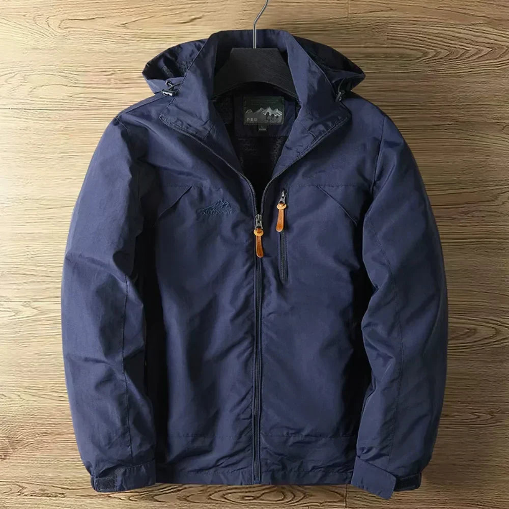 Durable men's lightweight waterproof rain jacket with hood. Perfect for outdoor adventures & wind protection.