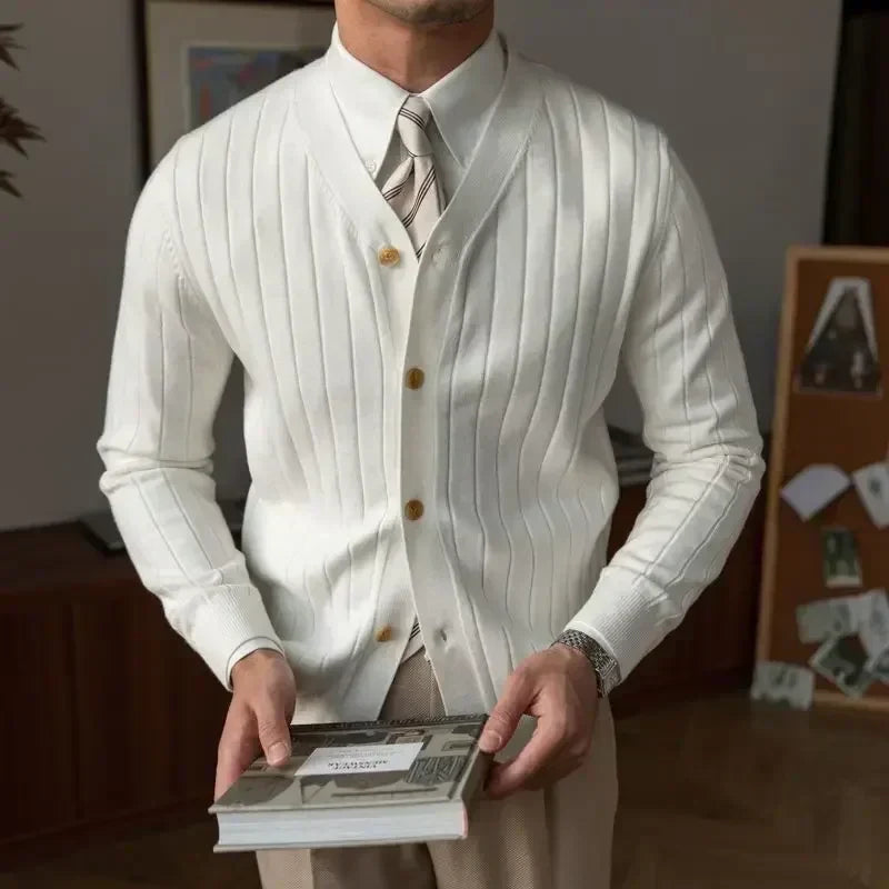 Stylish men's V-neck cardigan sweater, a classic piece of knitwear for versatile styling.