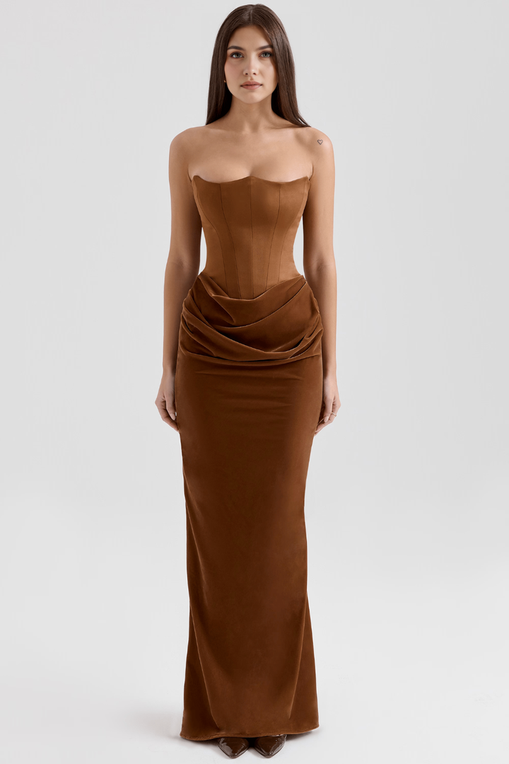 Women's elegant strapless special occasion dress, sophisticated evening wear.