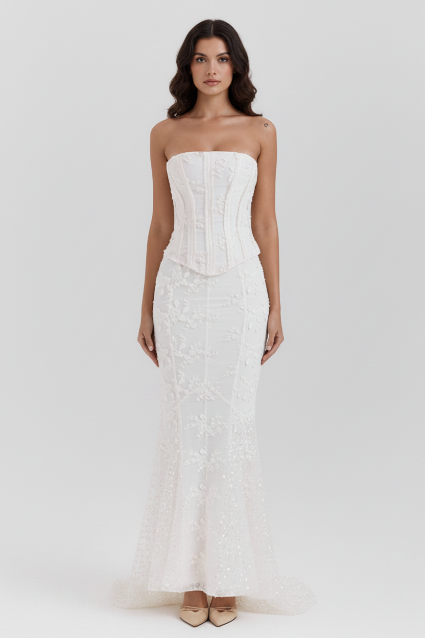 Elegant ivory floral embroidered bloom gown for women, perfect for weddings or special occasions.