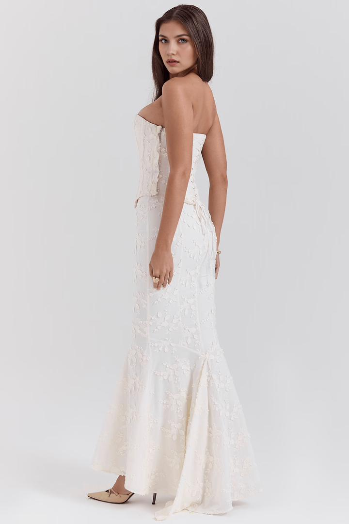 Romantic ivory floral embroidered gown, ideal as a wedding guest or formal special occasion dress.