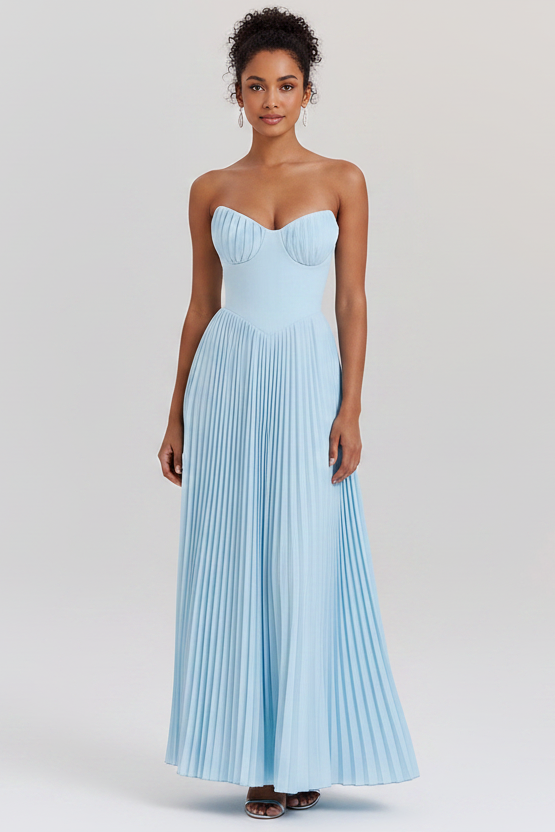 Beautiful women's strapless celeste blue midi dress, an elegant choice for any formal event.