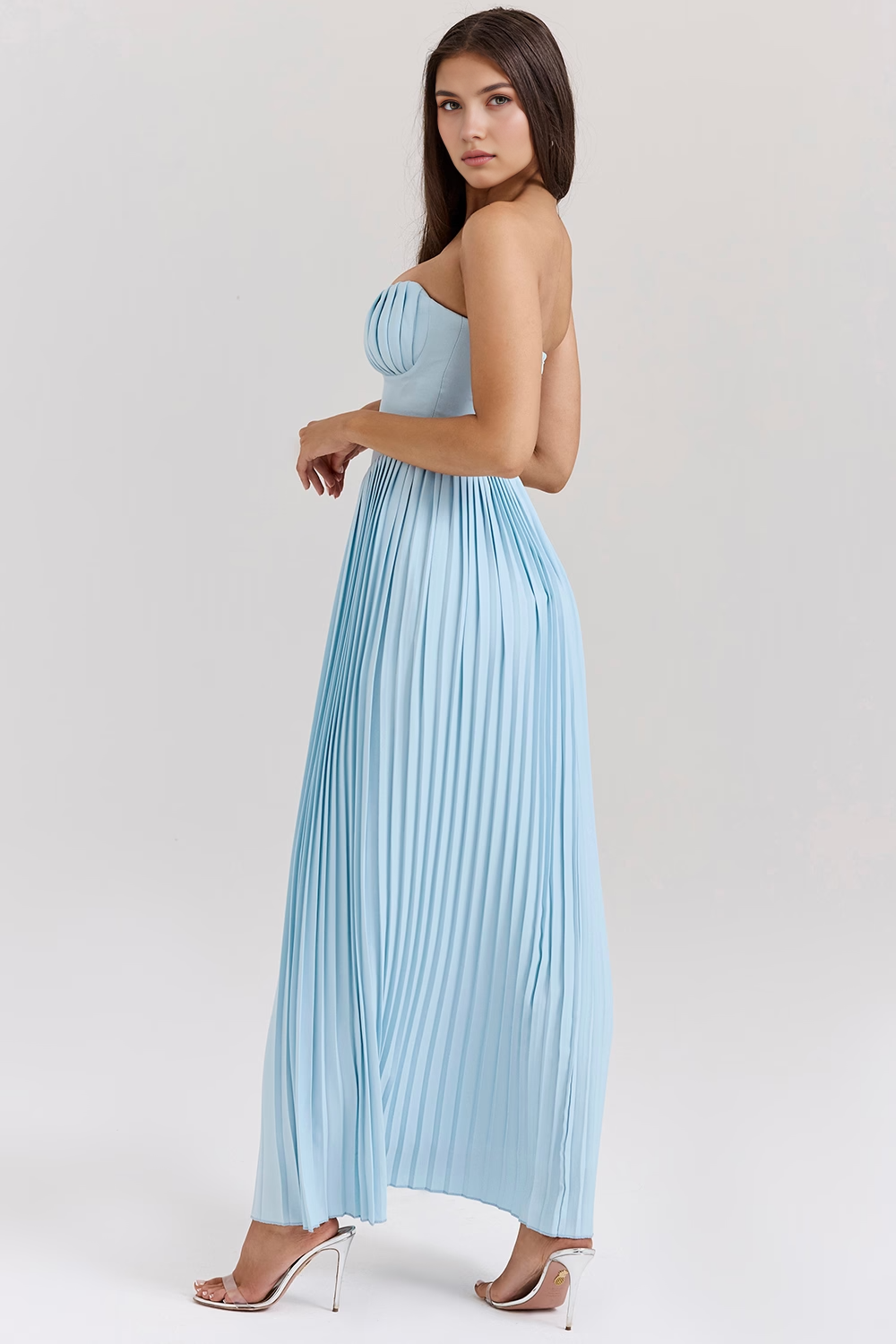 Sophisticated women's strapless midi dress in celeste blue, ideal as a party dress or formal wear.