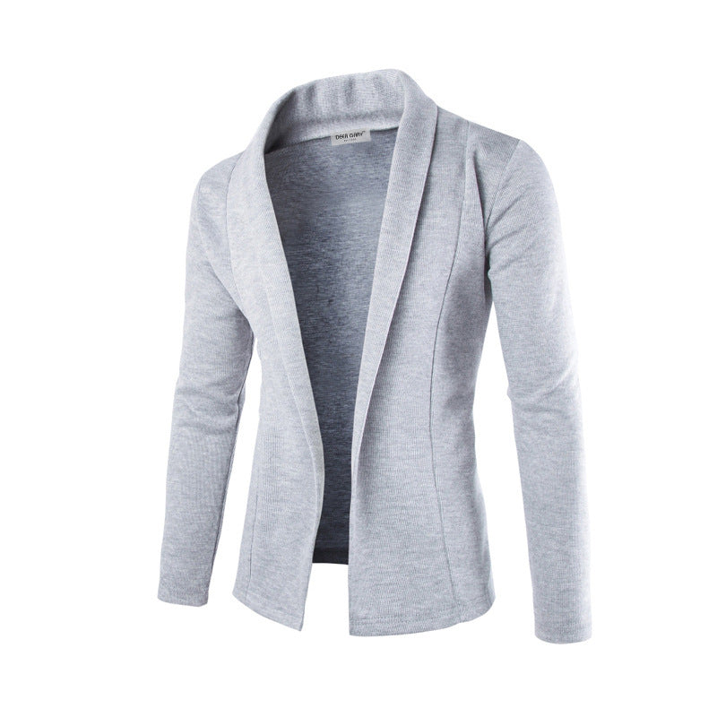 Fashionable men's open front cardigan with a distinctive shawl collar, ideal for casual layering.
