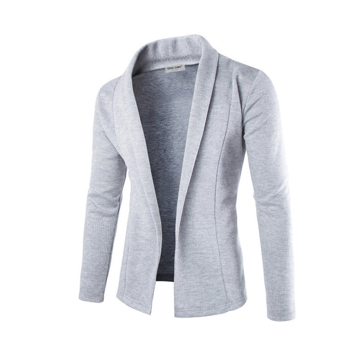 Fashionable men's open front cardigan with a distinctive shawl collar, ideal for casual layering.
