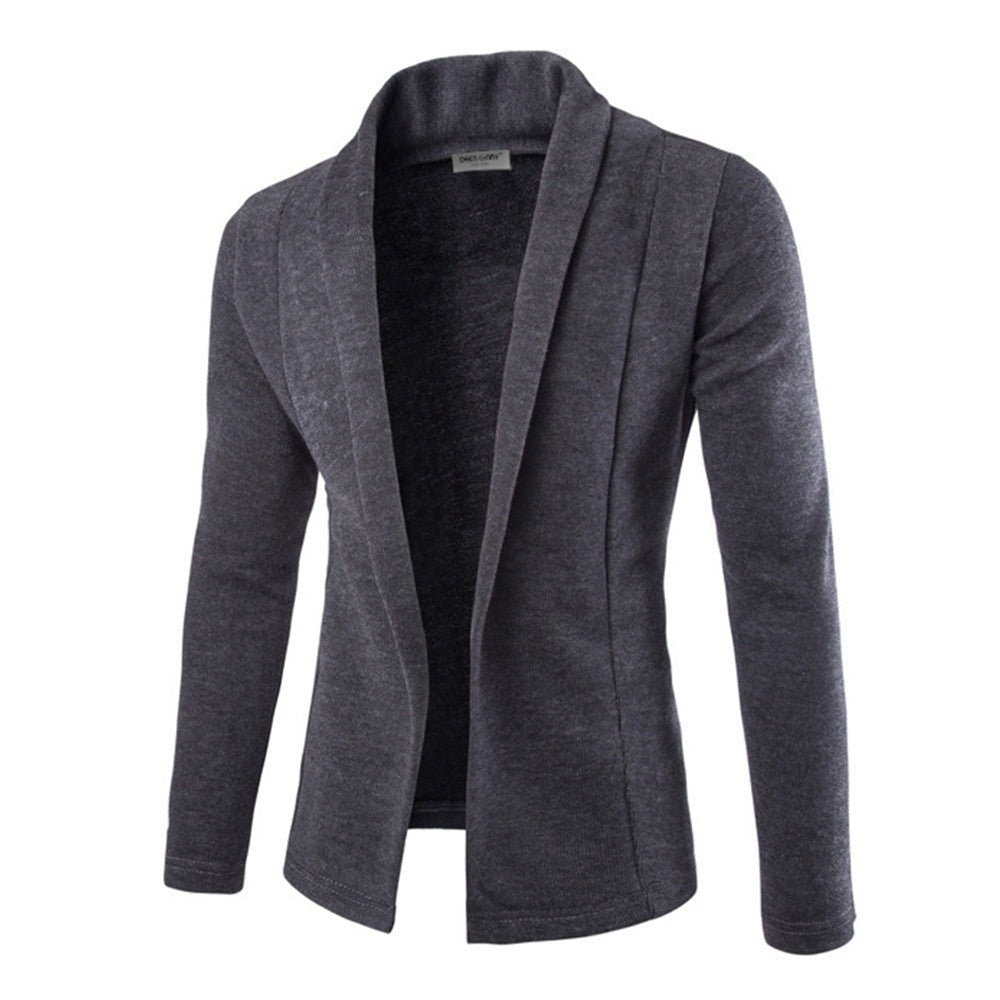 Men's stylish open front cardigan with a shawl collar, long sleeves, perfect for casual layering.