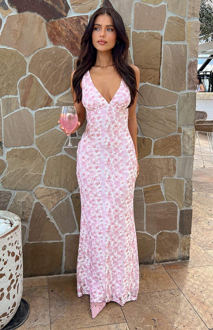 Elegant women's pink lace maxi dress, perfect for special occasions & wedding guests.