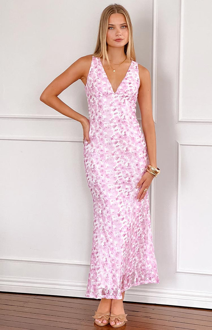 Flowing pink lace maxi dress, a romantic and elegant choice for special occasions.