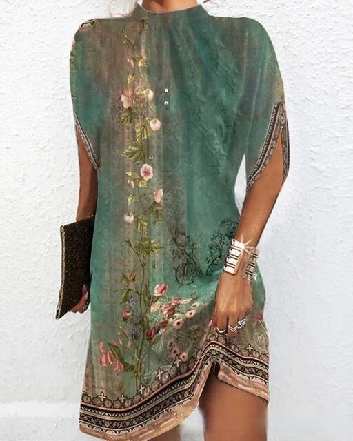 Stylish women's bat sleeve dress, featuring a comfortable, flowing design for a unique and elegant look.