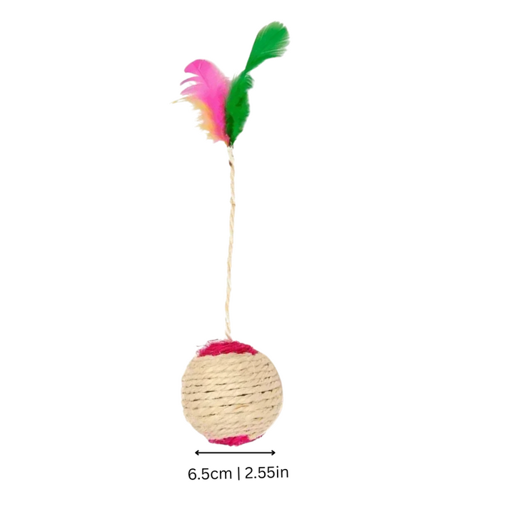 Close-up of vibrant feather sisal ball cat toys (5-pack). Engaging pet toy for interactive play & scratching fun.