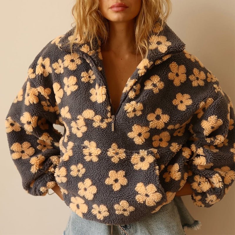 Women's oversized floral sweater jacket with half zip, perfect for cozy fall & winter casual wear.