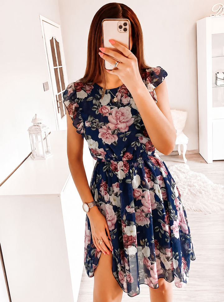 Beautiful women's floral midi dress with ruffle sleeves, perfect for elegant summer, party, or vacation occasions.