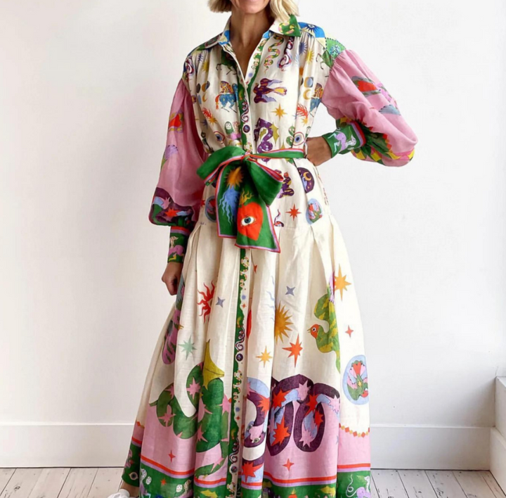 Elegant women's volume maxi dress with a flowy, patterned design, perfect for various occasions & summer wear.