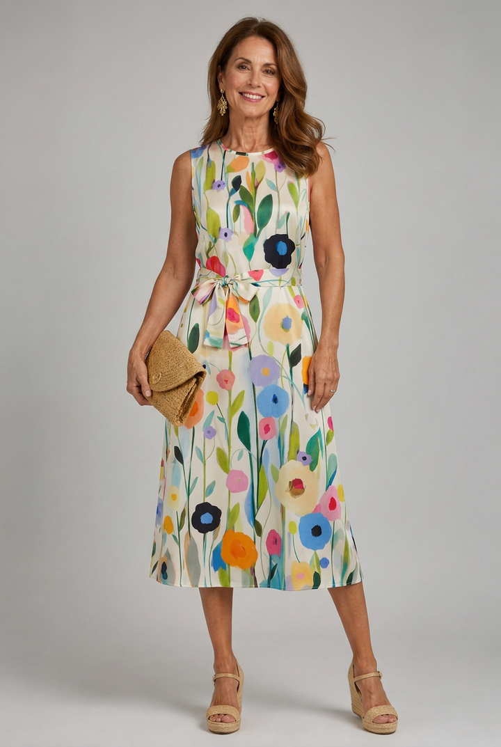 Round neck, sleeveless women's midi dress with a striking vibrant floral print for comfortable casual wear.