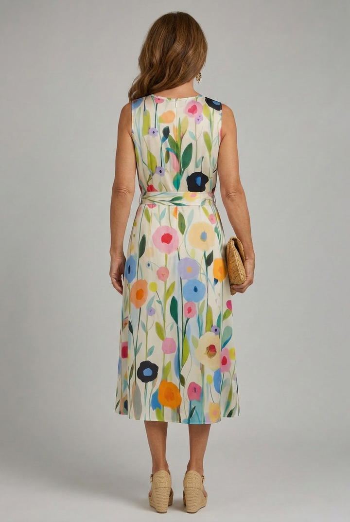 Trendy women's vibrant floral midi dress, sleeveless and perfect for summer fashion and relaxed outings.
