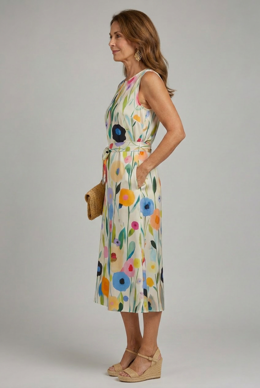 Beautiful women's sleeveless midi dress featuring a vibrant floral print, suitable for day or casual wear.