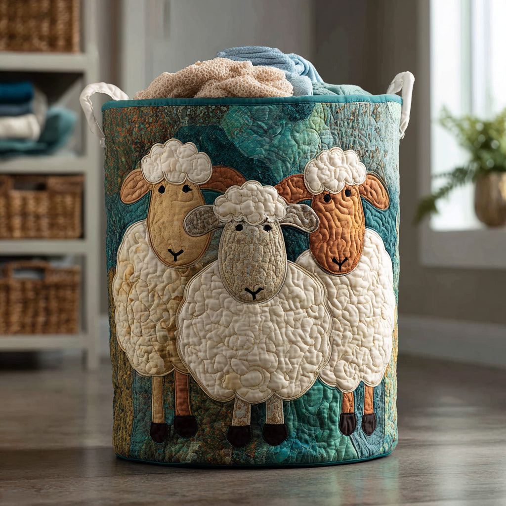Stylish quilted laundry basket with handles, cotton blend, foldable, perfect for household organization & storage.