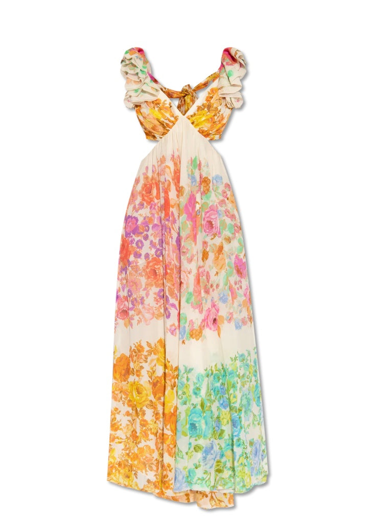 Beautiful women's floral summer maxi dress with flowy fabric, perfect for elegant vacation style.