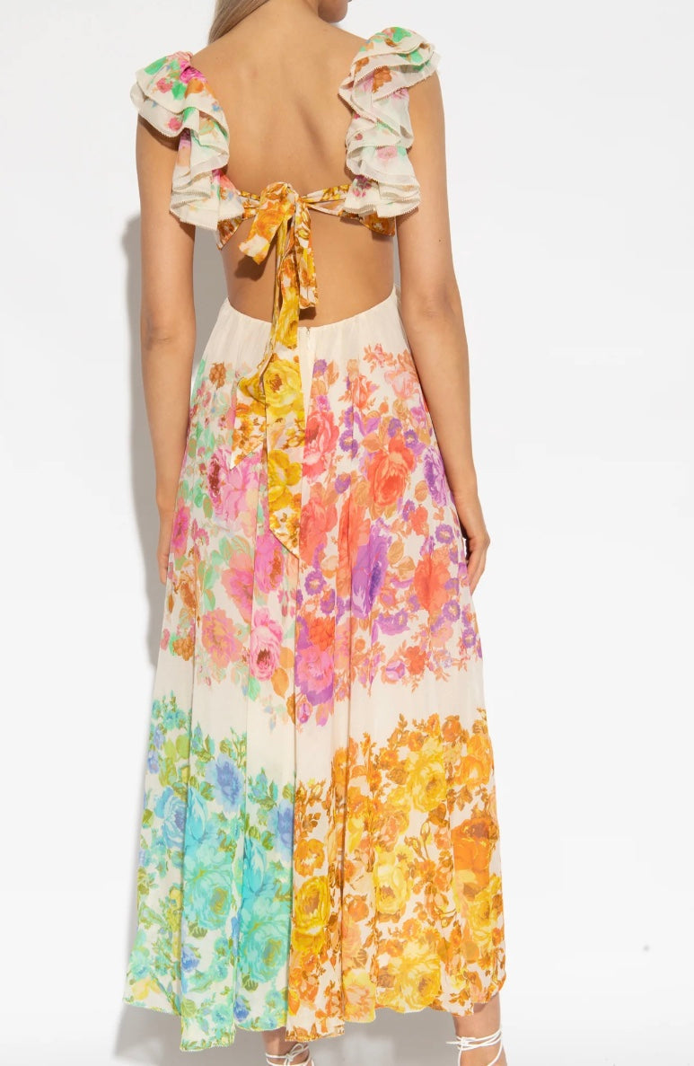Flowy women's floral summer maxi dress, capturing effortless holiday and vacation vibes.